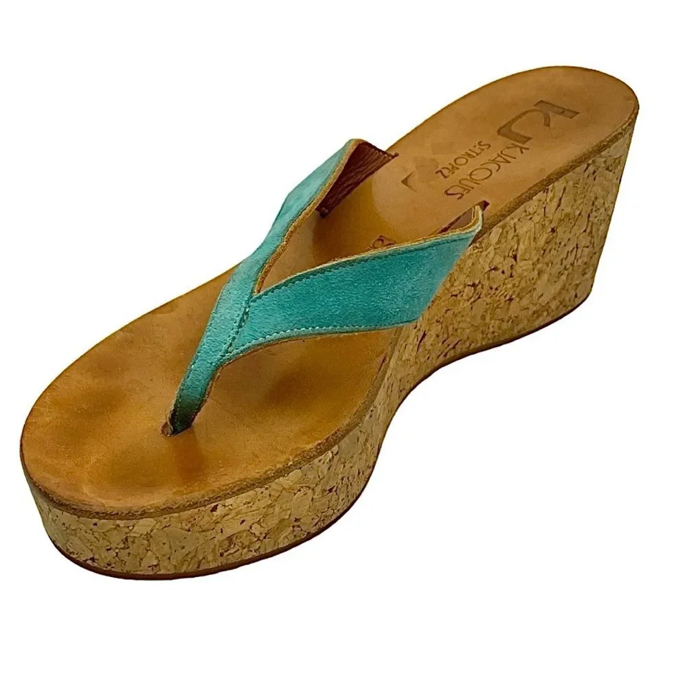 KJacques St Tropez Green Leather Cork Wedge Mule Sandals EU 38 US 7.5